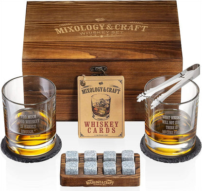 Mixology Whiskey Stones Gift Set for Men, 2 x 10oz Glasses, 8 Granite Chilling Rocks, 2 Coasters, Metal Tong & Cocktail Cards in Wooden Box
