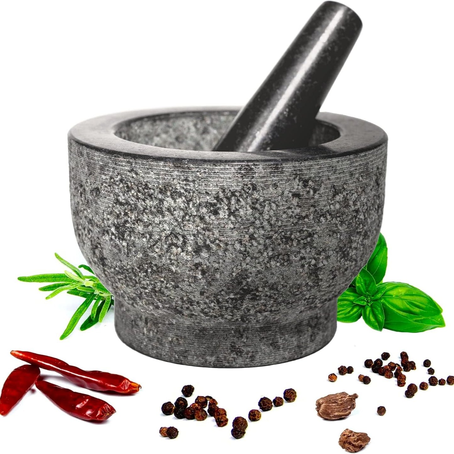 HiCoup Mörser- und Stößel-Set – 6 Zoll Granit, große Molcajete-Schüssel mit Steinmahlwerk – Gewürz-, Kräuter- und Avocadostampfer für Guacamole, Salsa und Pesto – fasst 2 Tassen 
