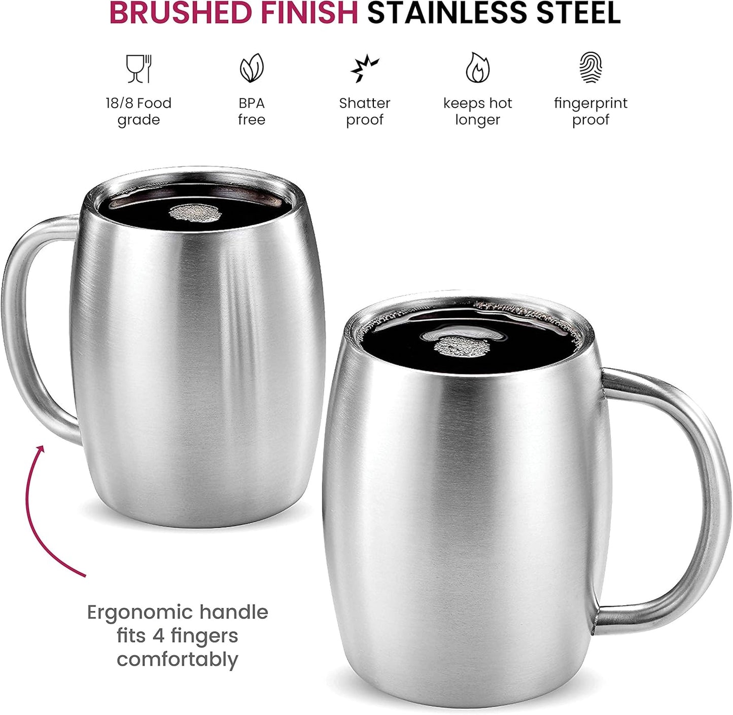 Insulated Stainless Steel Coffee Cups (Set of 2) - 414ml, BPA-Free, Spill-Proof Lid, Double Wall, Camping/Travel Mugs with Handle