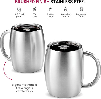 Insulated Stainless Steel Coffee Cups (Set of 2) - 414ml, BPA-Free, Spill-Proof Lid, Double Wall, Camping/Travel Mugs with Handle