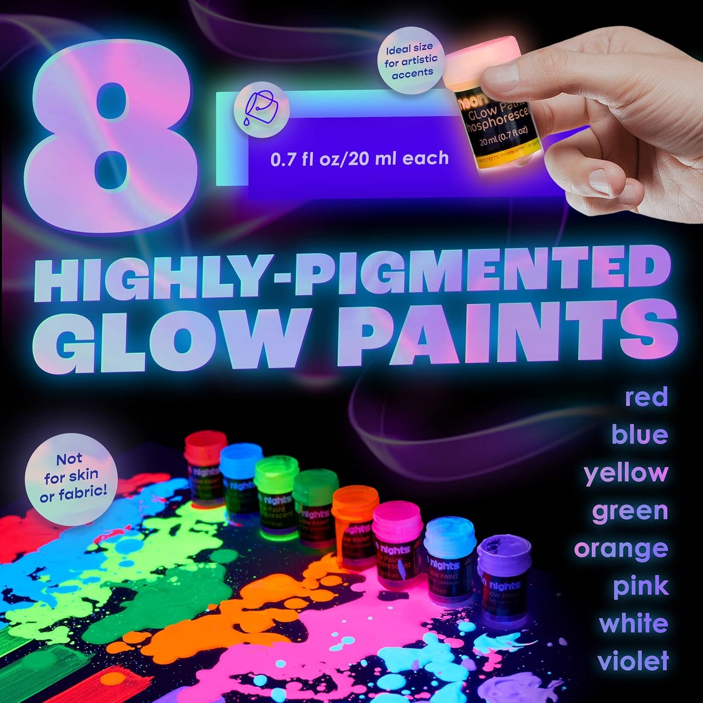 NEON Nights Glow in The Dark Paint, Luminescent & Phosphorescent, Set of 8