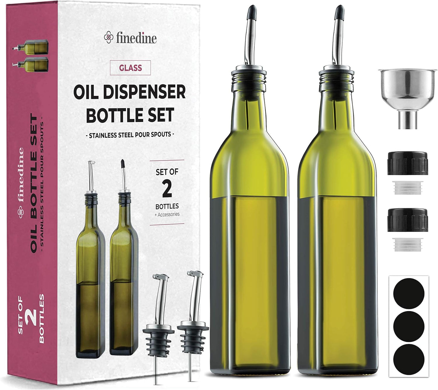 Olive Oil & Vinegar Dispenser Set - Slim Amber Glass Bottles, 4 Pouring Spouts & Labels