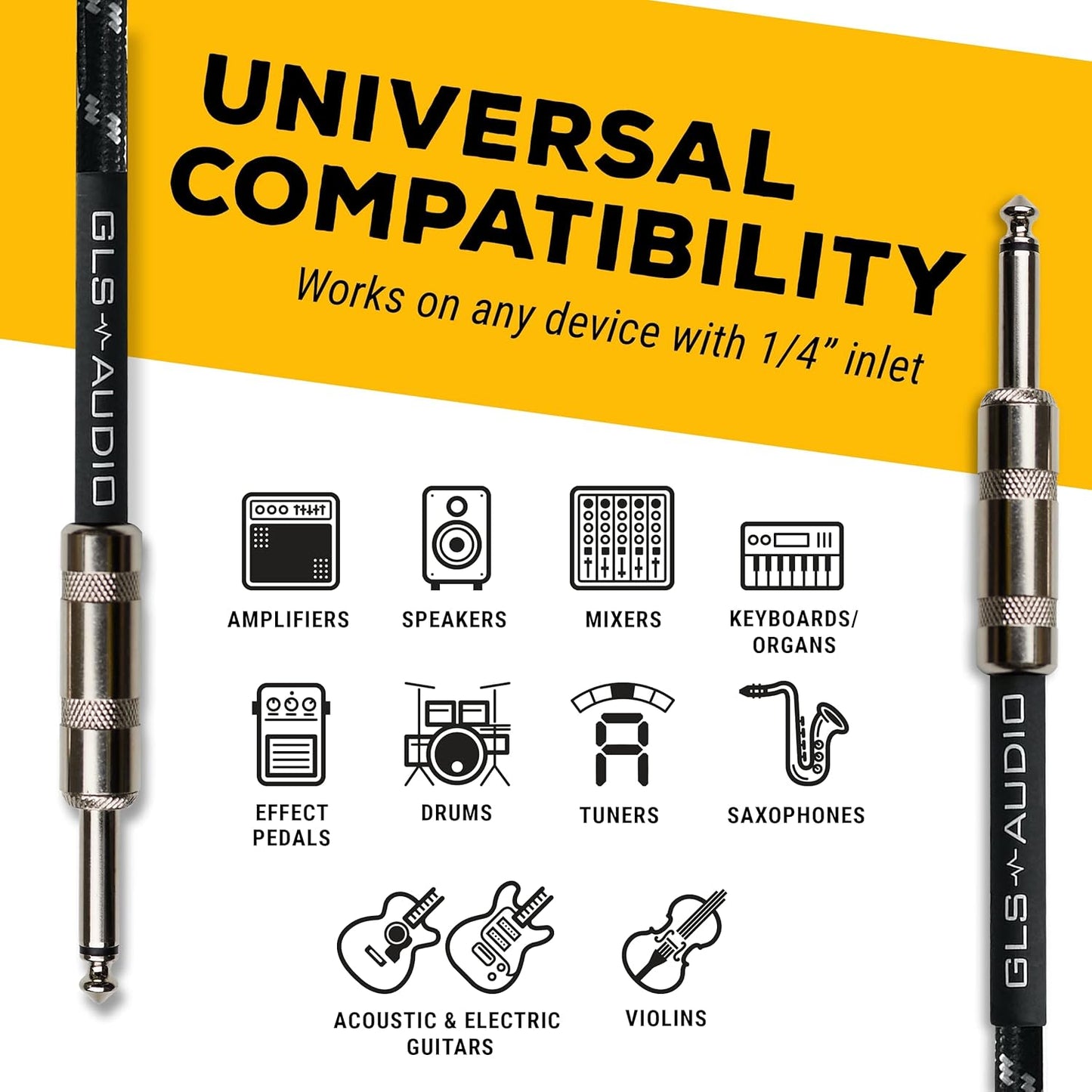 Audio-Instrumentenkabel – 1/4 Zoll TS auf 1/4 Zoll Instrumentenkabel für Bass/E-Gitarre – Schwarz/Grau geflochtenes Tweed, 20 Fuß 