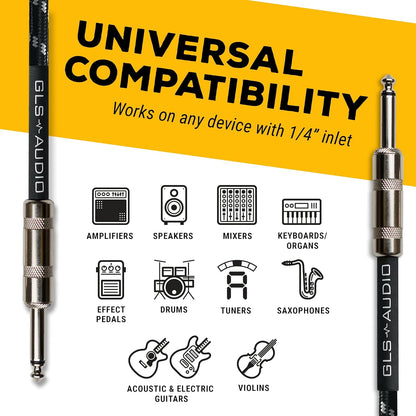 Audio-Instrumentenkabel – 1/4 Zoll TS auf 1/4 Zoll Instrumentenkabel für Bass/E-Gitarre – Schwarz/Grau geflochtenes Tweed, 20 Fuß 
