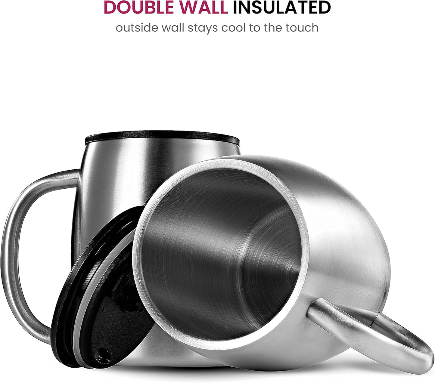 Insulated Stainless Steel Coffee Cups (Set of 2) - 414ml, BPA-Free, Spill-Proof Lid, Double Wall, Camping/Travel Mugs with Handle