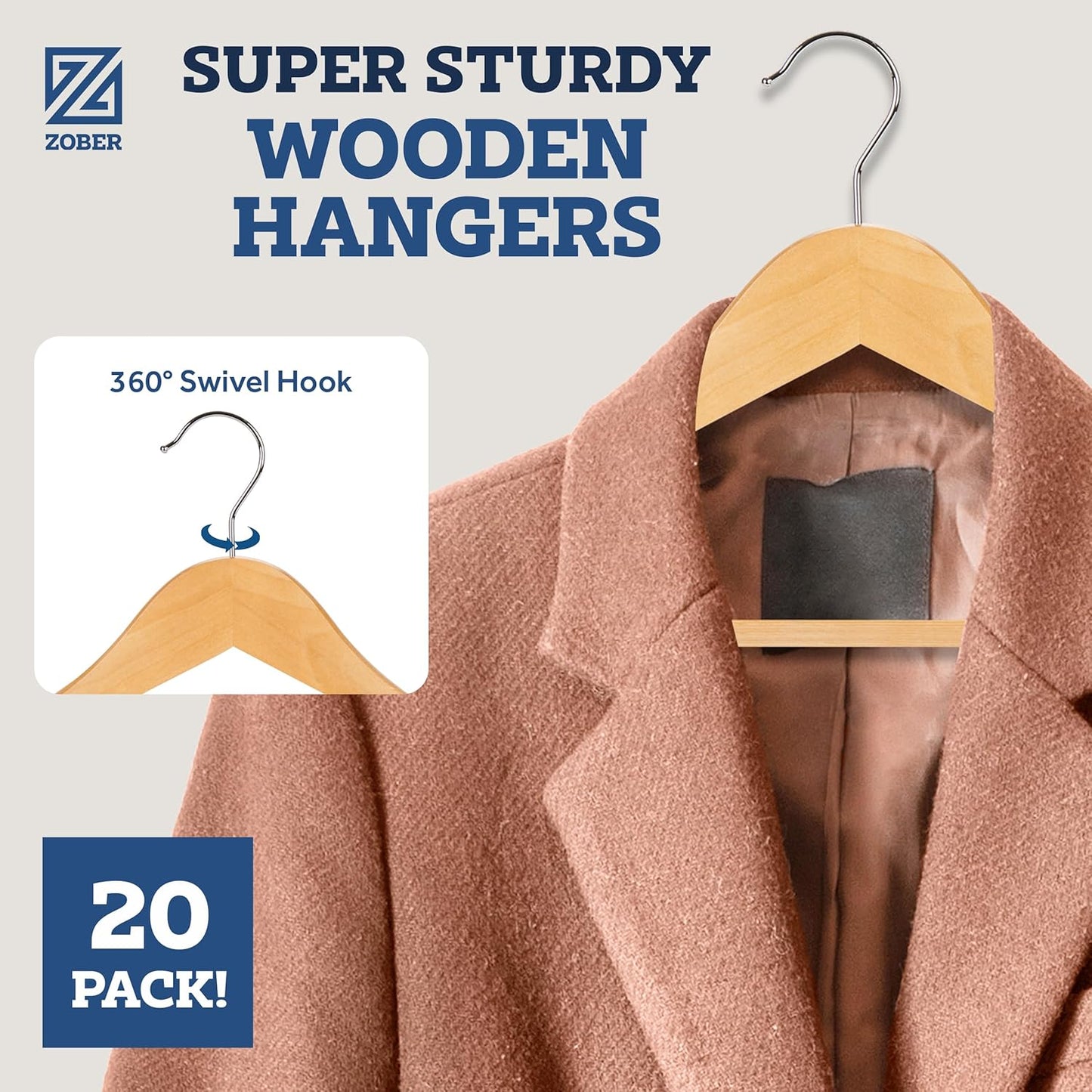 Wooden Hangers - 20 Pack, Heavy Duty Non-Slip Hangers for Coats, Jackets, Suits, Pants, with Bar & Notches