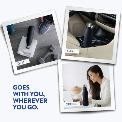 FineDine Dreifach isolierte Edelstahl-Wasserflasche (2er-Set) 17 oz, elegante Flaschen, hält heiß und kalt, 100 % auslaufsicher, schweißfeste Wasserflaschen, ideal für Reisen, Picknick und Camping 