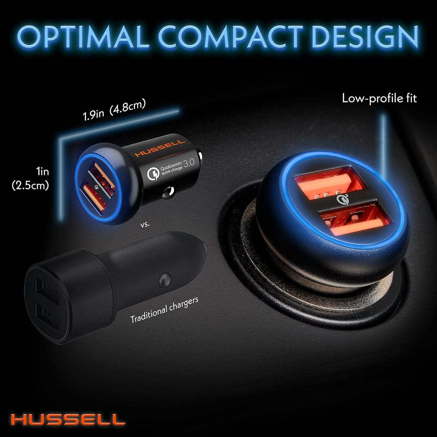 HUSSELL Schnellladegerät fürs Auto – Dual USB, Mini, Aluminium für iPhone und Android 