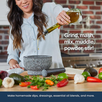 HiCoup Mörser- und Stößel-Set – 6 Zoll Granit, große Molcajete-Schüssel mit Steinmahlwerk – Gewürz-, Kräuter- und Avocadostampfer für Guacamole, Salsa und Pesto – fasst 2 Tassen 