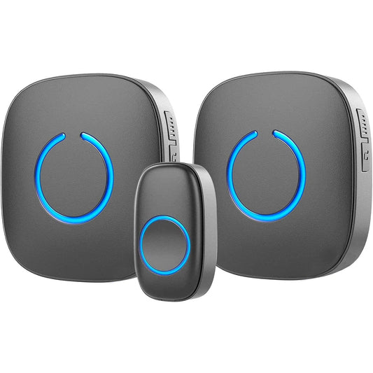Wireless Doorbell - Battery Operated, 1000 Feet Range, LED Flash, 1 Push Button & 2 Receivers, Matte Black