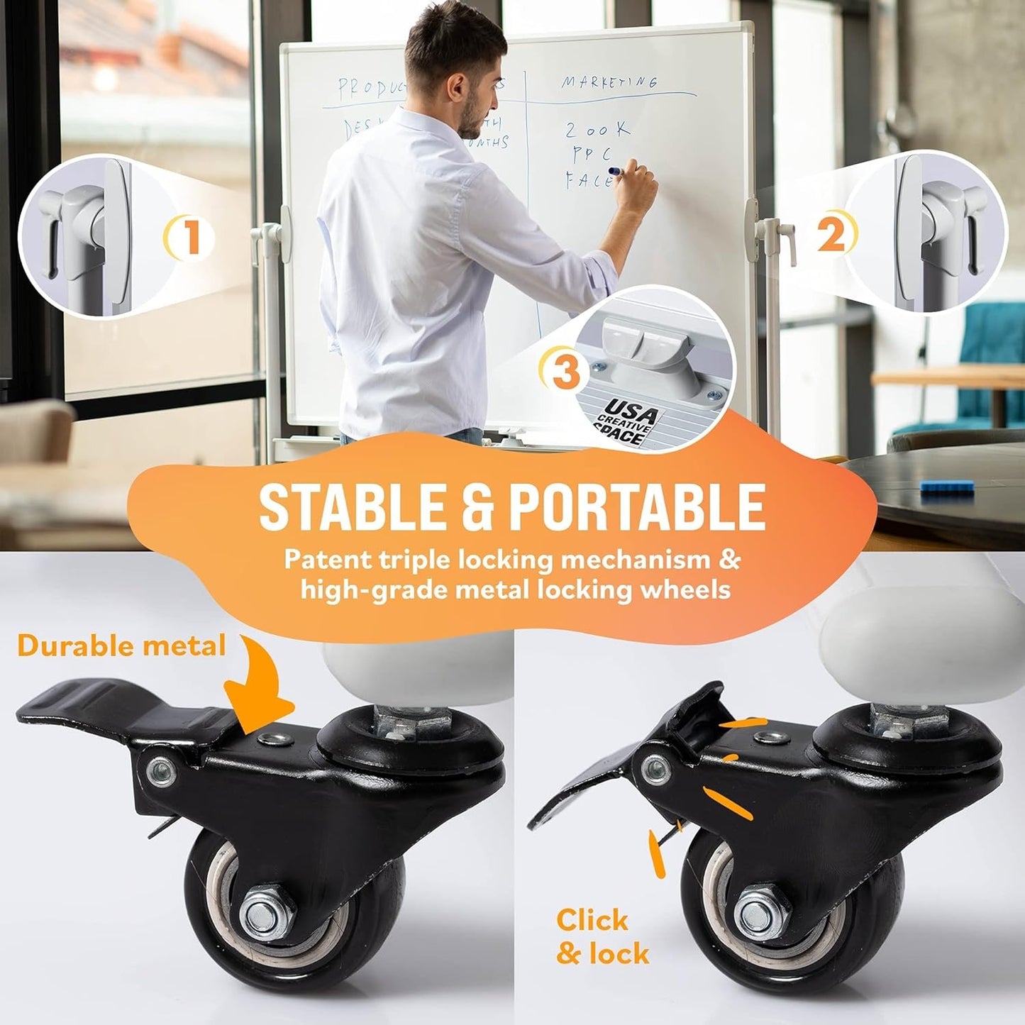 48"x32" Magnetic Dry Erase Board with Stand, Double-Sided, Portable