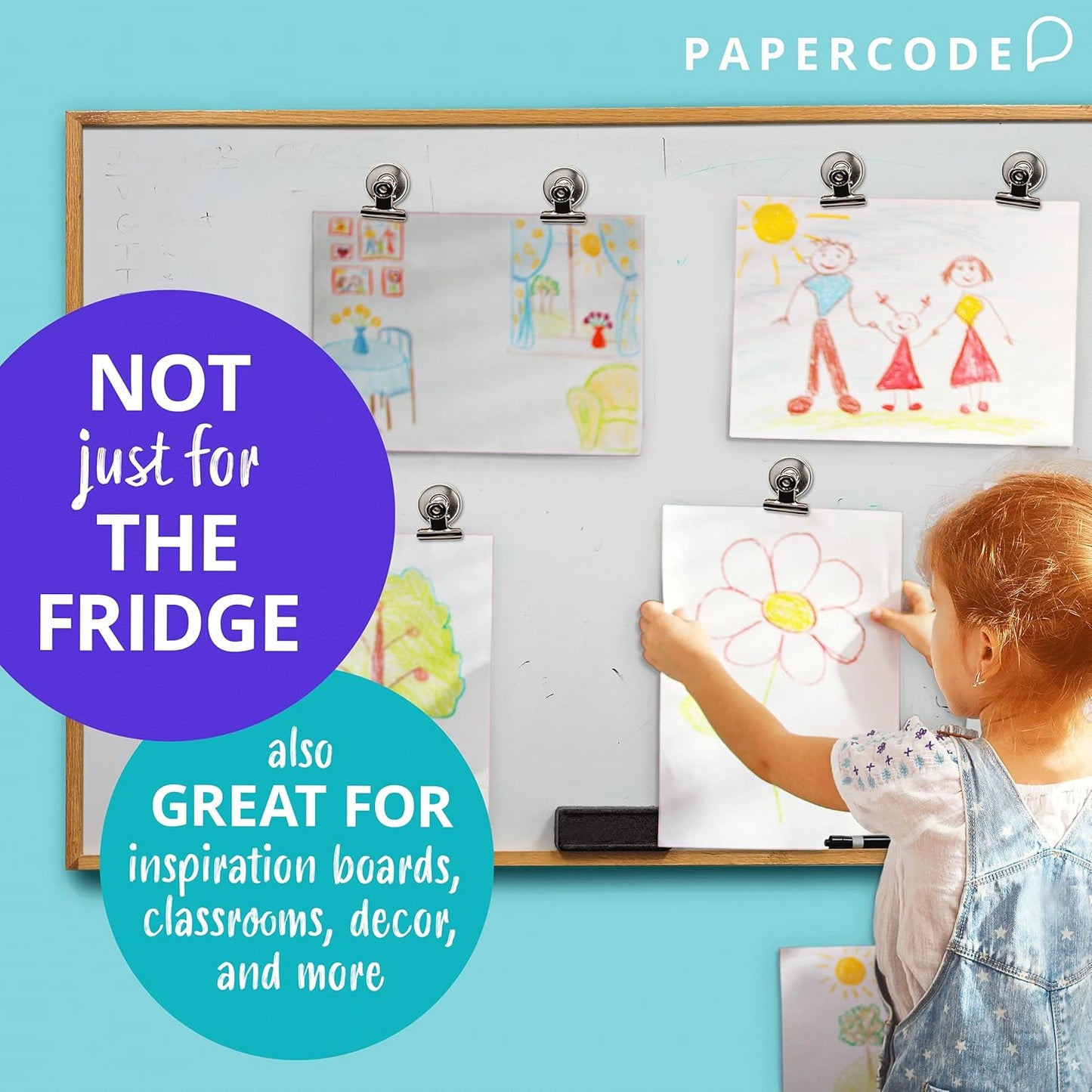 Papercode Magnetic Clips for Whiteboards & Fridges – 12-Pack Scratch-Free Heavy-Duty Clips, Free Notepad