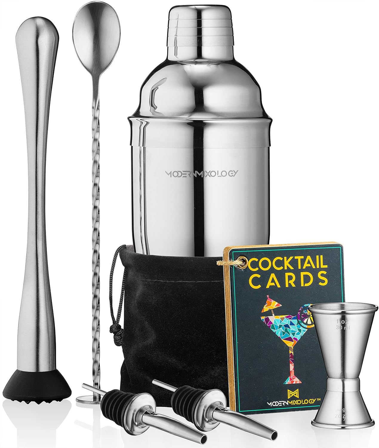 Barkeeper-Set: Cocktail-Shaker-Set, Getränkemixer, 8-teiliges tragbares Barkeeper-Set mit 24 oz Martini-Shaker-Barzubehör-Set, 2 Ausgießern, Stößel, Messbecher, Rührlöffel, Samtbeutel, integriertem Sieb (Silber)