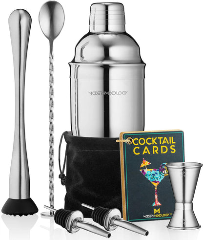 Barkeeper-Set: Cocktail-Shaker-Set, Getränkemixer, 8-teiliges tragbares Barkeeper-Set mit 24 oz Martini-Shaker-Barzubehör-Set, 2 Ausgießern, Stößel, Messbecher, Rührlöffel, Samtbeutel, integriertem Sieb (Silber)