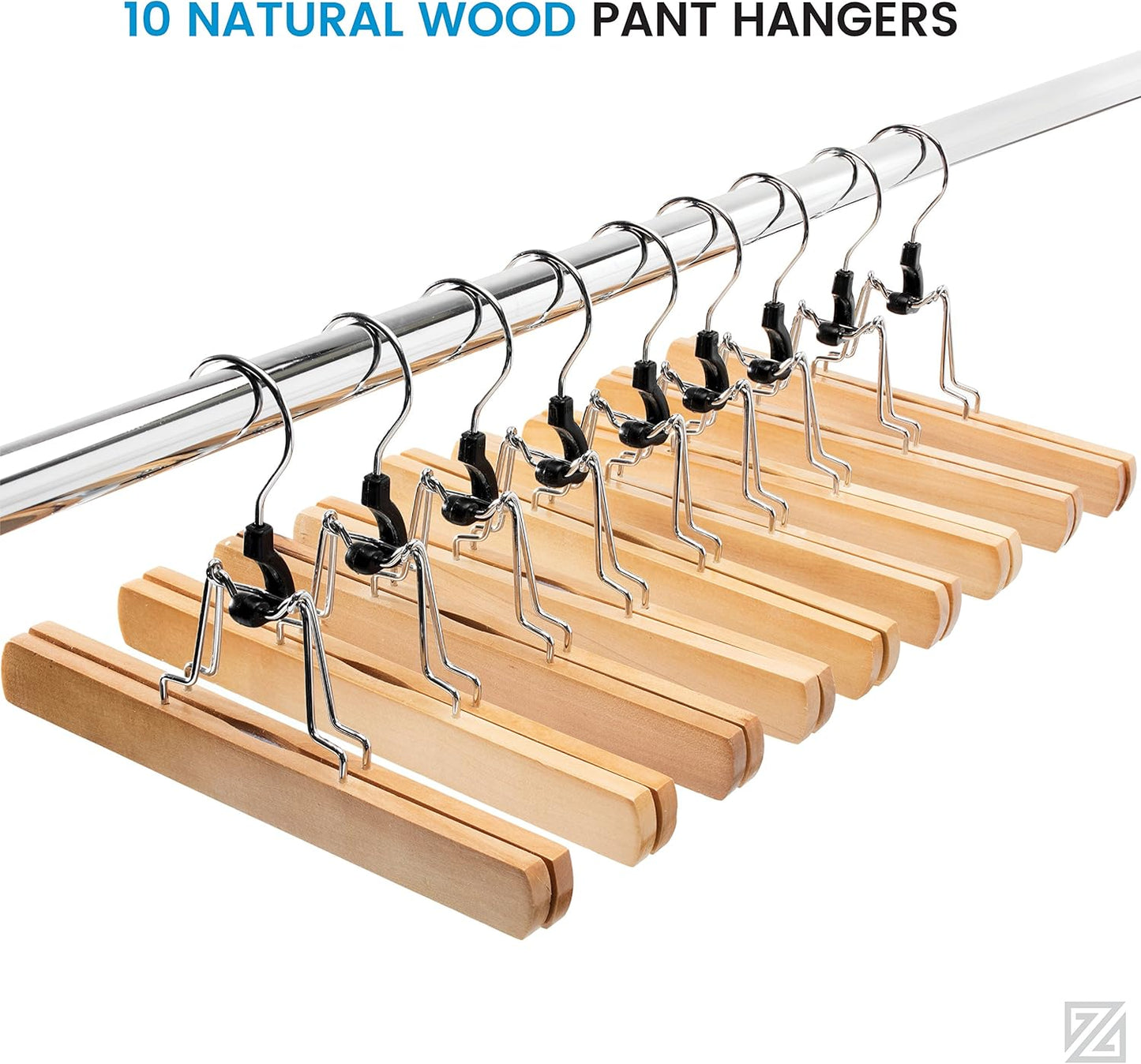 High-Grade Wooden Trouser Hangers with Clips – 10 Pack, Non-Slip Heavy Duty with 360° Swivel Hook for Skirts, Pants & Jeans