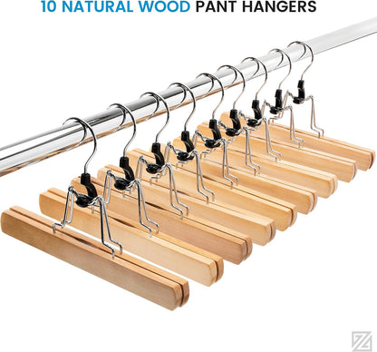 High-Grade Wooden Trouser Hangers with Clips – 10 Pack, Non-Slip Heavy Duty with 360° Swivel Hook for Skirts, Pants & Jeans
