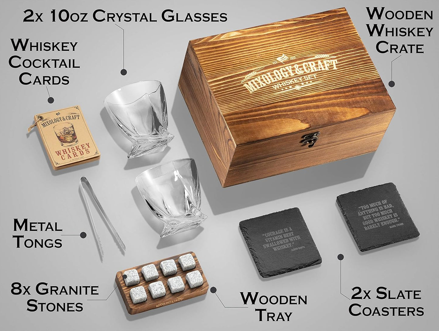 Mixology Whiskey Stones Gift Set for Men, 2 x 10oz Glasses, 8 Granite Chilling Rocks, 2 Coasters, Metal Tong & Cocktail Cards in Wooden Box