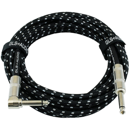 Instrument Cable - 1/4" Straight to Right Angle for Bass/Electric Guitar, 20ft, Black/Grey Braided Tweed