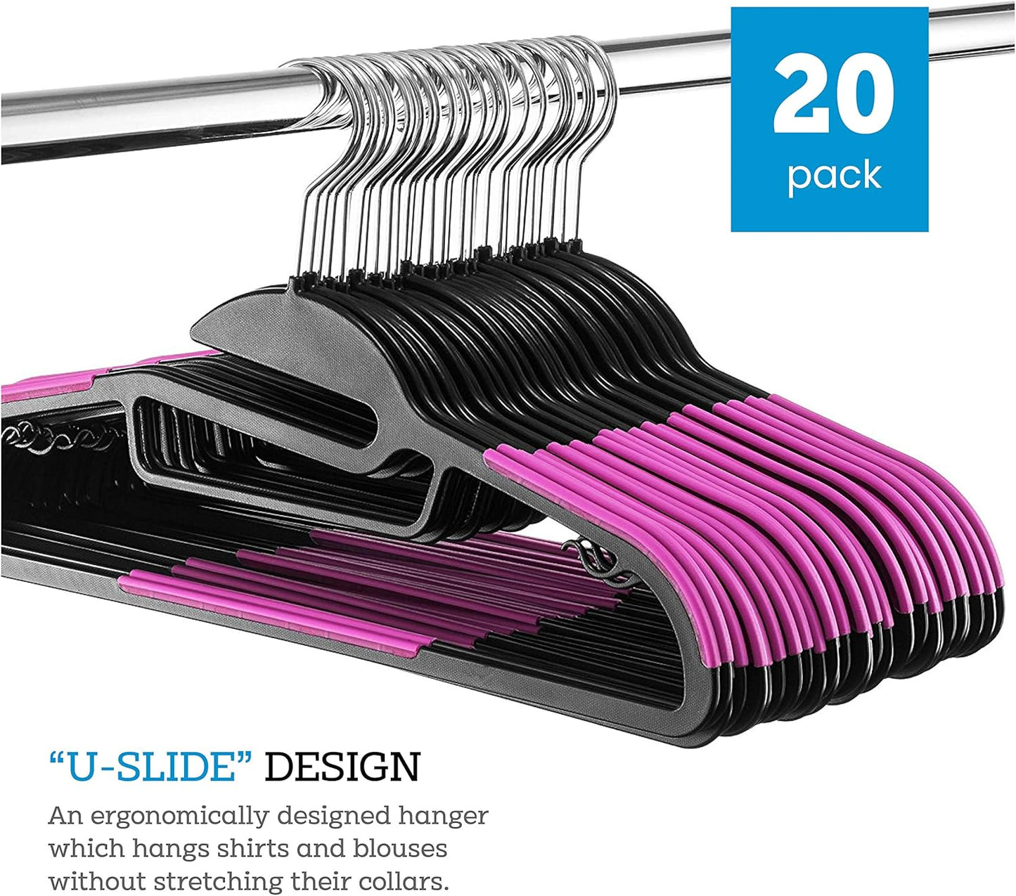 ZOBER Rubber Coated Plastic Hangers - 20 Pack, Non-Slip U-Slide Design, Space-Saving with 360° Hook