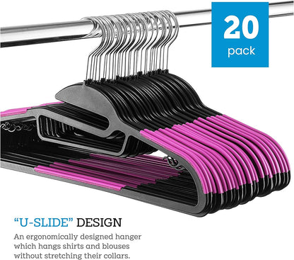 ZOBER Rubber Coated Plastic Hangers - 20 Pack, Non-Slip U-Slide Design, Space-Saving with 360° Hook
