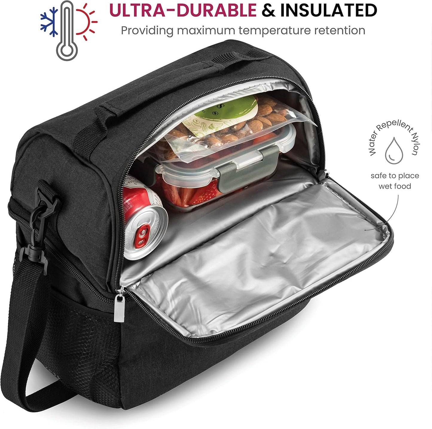 FineDine Lunchtasche mit Glasbehältern – Isolierte Lunchbox für Damen und Herren – Auslaufsichere Verschlussdeckel und Kühlakku – Kühltasche mit 2 Fächern für die Arbeit (Schwarz) 