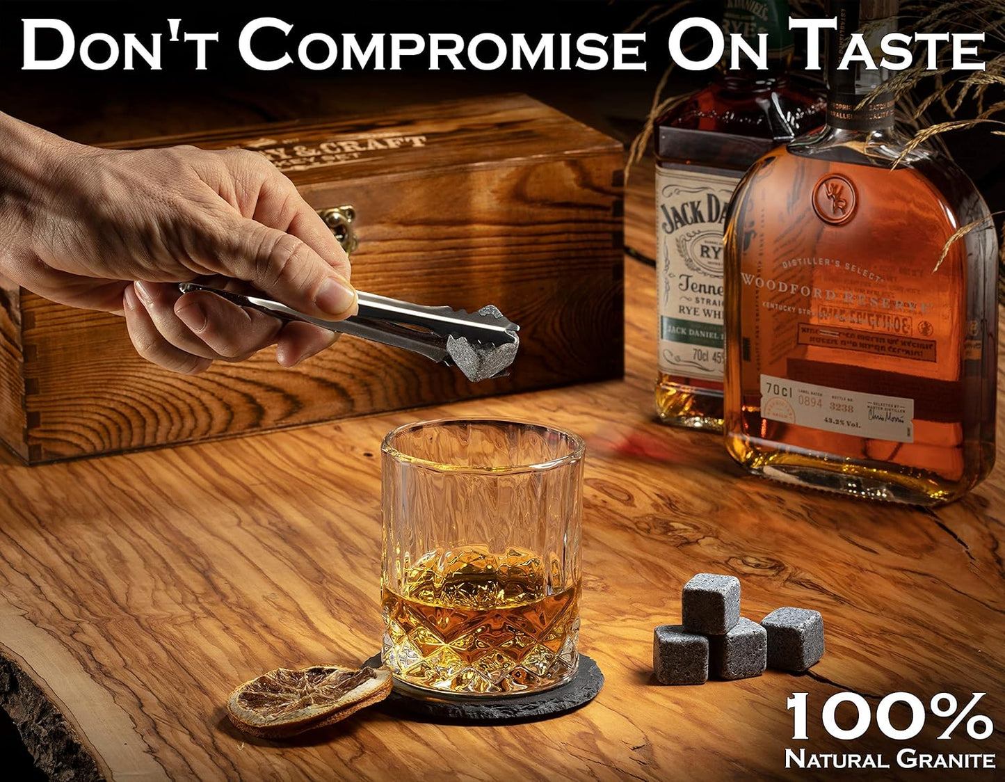 Mixology & Craft Whiskey Set - 12pc with Granite Stones, Glasses & Coasters