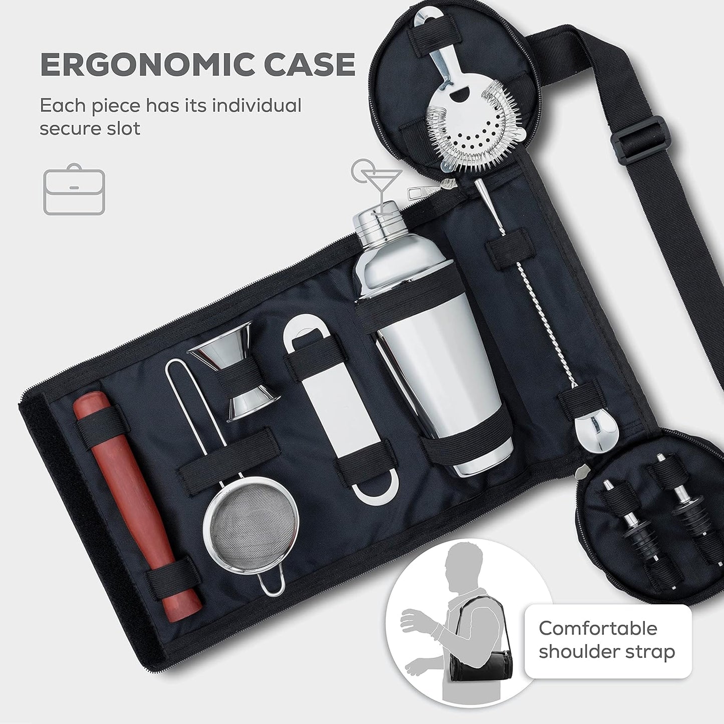 FineDine 10-teiliges Cocktail-Shaker-Set mit Reisetasche – Edelstahl-Shaker-Set, Barkeeper-Set – Mixology-Barkeeper-Set – Sieb, Stößel, Messbecher, Barlöffel, Flaschenöffner, Ausgießer – Bar-Set 