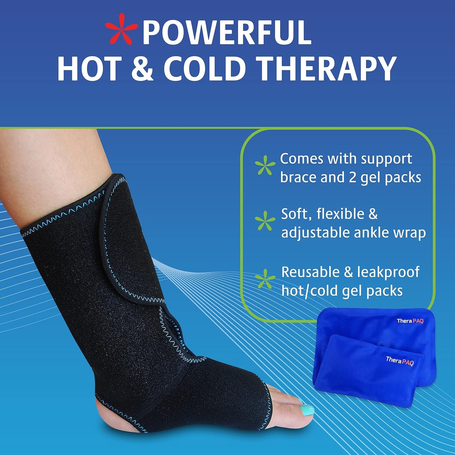 Ankle Ice Pack Wrap - Hot & Cold Reusable Compression Brace with 2 Gel Packs