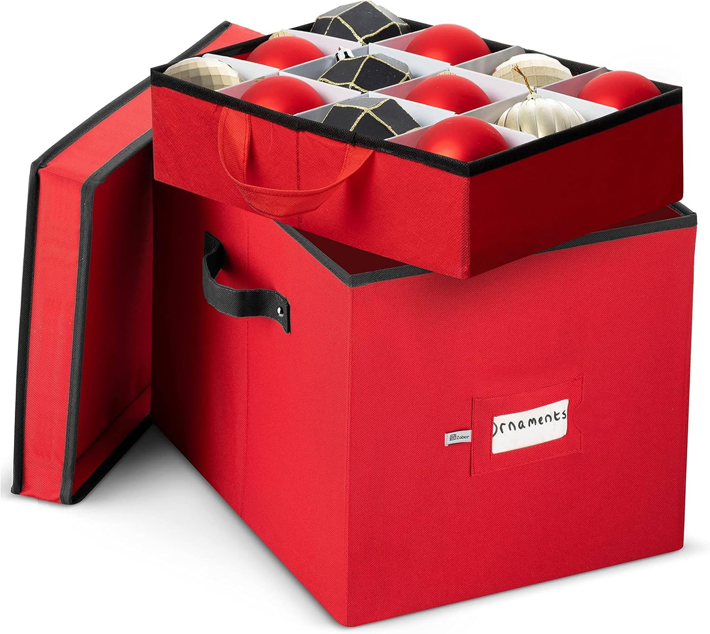 Zober Premium Ornament Storage Box - Holds 36 Large Ornaments, 4-inch Compartments, Tear-Proof 600D Oxford (Red)