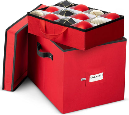 Zober Premium Ornament Storage Box - Holds 36 Large Ornaments, 4-inch Compartments, Tear-Proof 600D Oxford (Red)