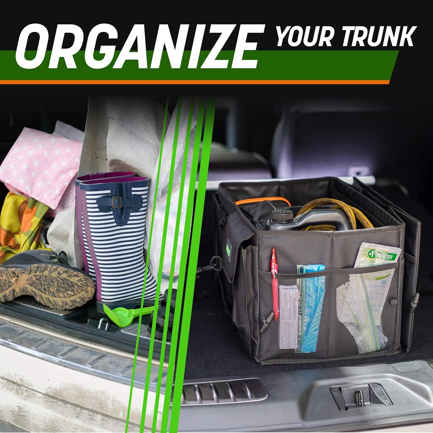 Car Trunk Organizer - Multi-Compartment Storage for SUV & Automotive, Adjustable Straps, Black