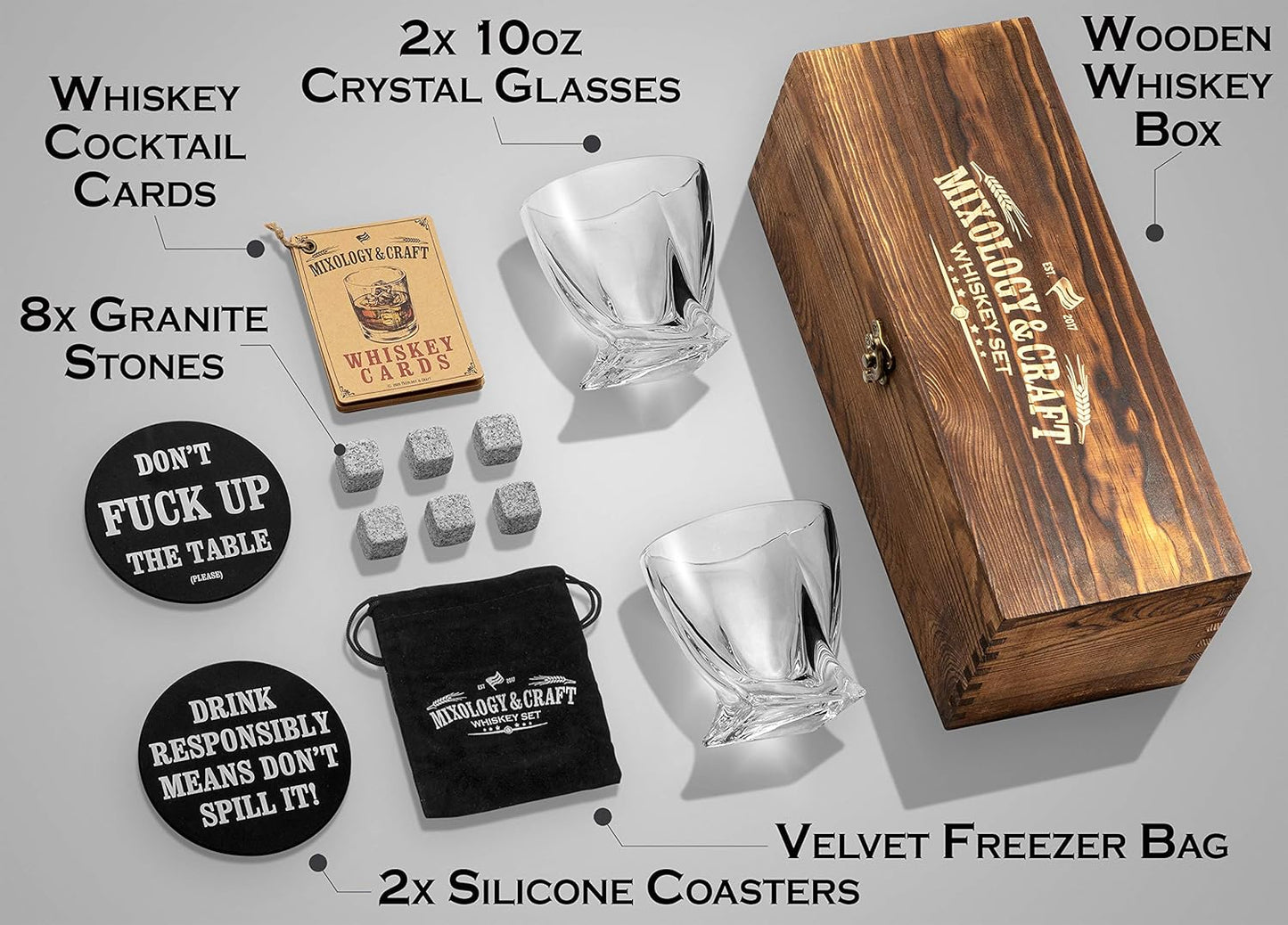 Mixology & Craft Whiskey Set - 12pc with Granite Stones, Glasses & Coasters