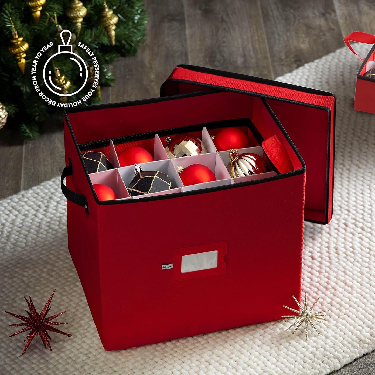 Zober Premium Ornament Storage Box - Holds 36 Large Ornaments, 4-inch Compartments, Tear-Proof 600D Oxford (Red)