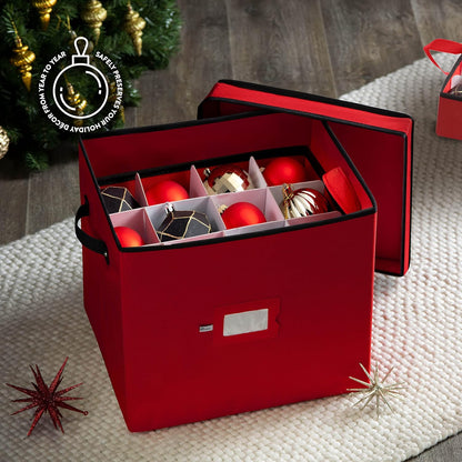 Zober Premium Ornament Storage Box - Holds 36 Large Ornaments, 4-inch Compartments, Tear-Proof 600D Oxford (Red)