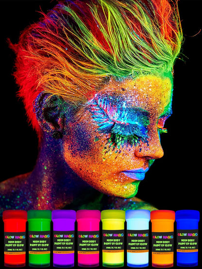 Neon Nights Glow In The Dark Body Paint, 8-Pack, Black Light Paints for Body & Face, Party Supplies for Adults & Kids