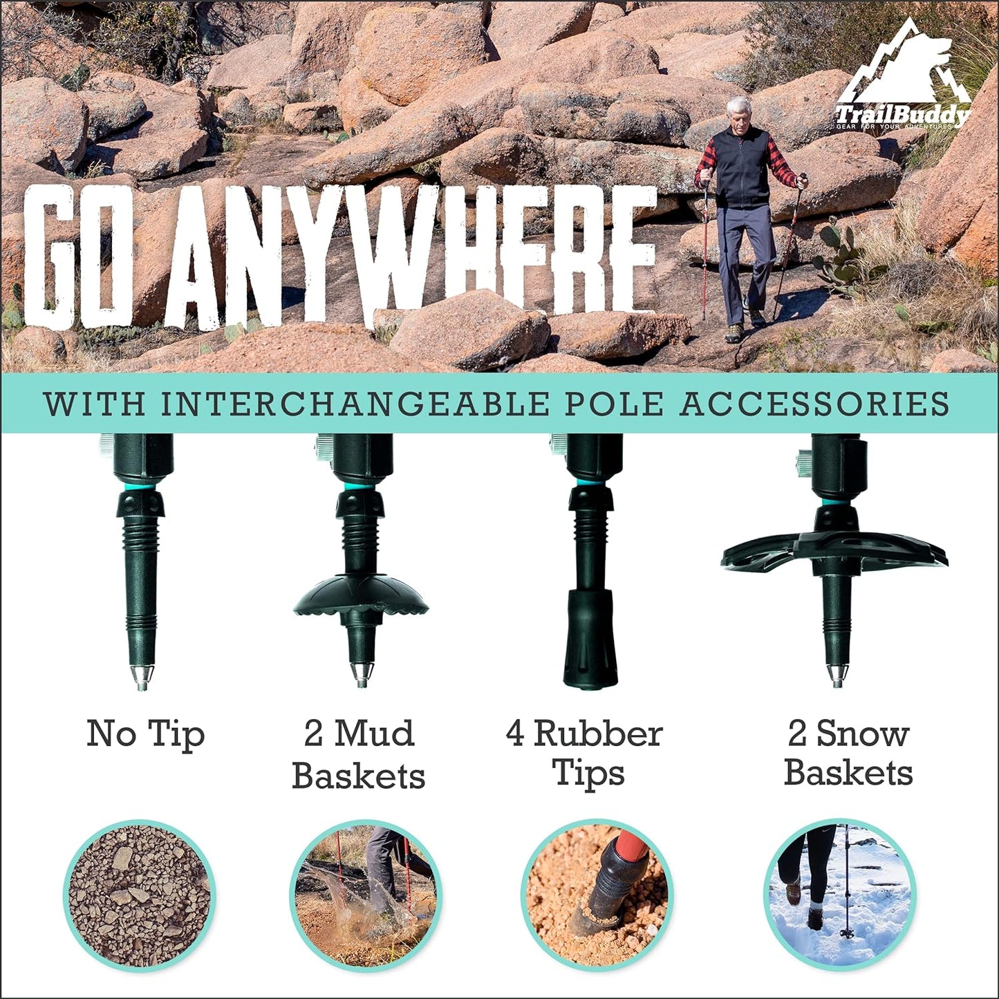 TrailBuddy Trekking Poles - Lightweight Collapsible Hiking Poles with Cork Grip, Pair of 2