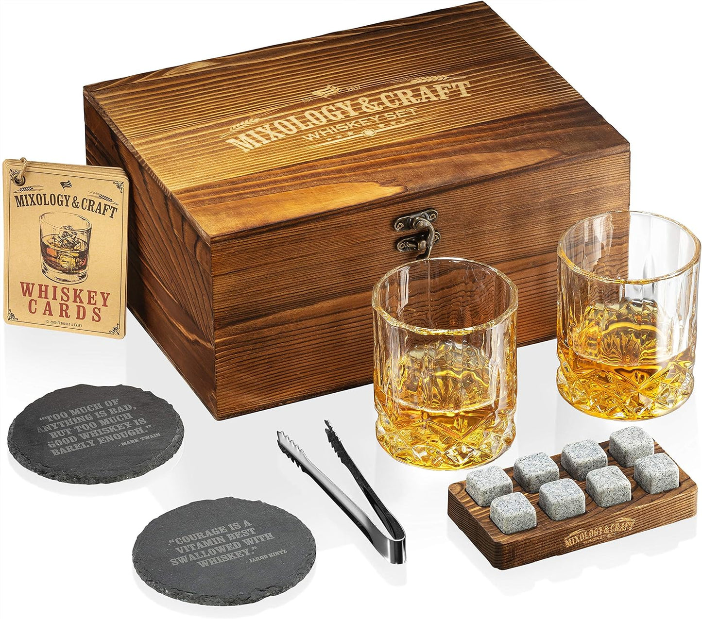 Mixology Whiskey Stones Gift Set for Men, 2 x 10oz Glasses, 8 Granite Chilling Rocks, 2 Coasters, Metal Tong & Cocktail Cards in Wooden Box