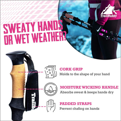 TrailBuddy Trekking Poles - Lightweight Collapsible Hiking Poles with Cork Grip, Pair of 2