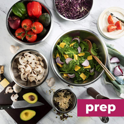 FineDine Edelstahl-Rührschüsseln (5er-Set) Edelstahl-Rührschüssel-Set – leicht zu reinigen, ineinander stapelbare Schüsseln für platzsparende Aufbewahrung, ideal zum Kochen, Backen, Vorbereiten 