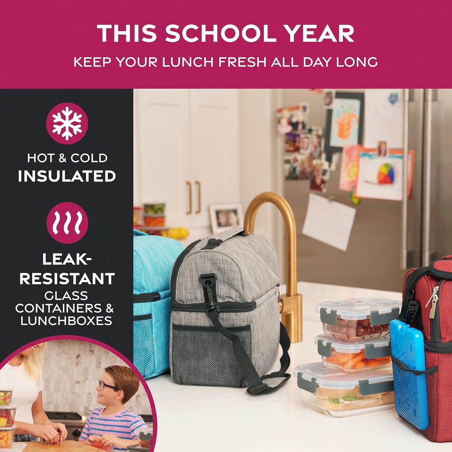 FineDine Lunchtasche mit Glasbehältern – Isolierte Lunchbox für Damen und Herren – Auslaufsichere Verschlussdeckel und Kühlakku – Kühltasche mit 2 Fächern für die Arbeit (Schwarz) 