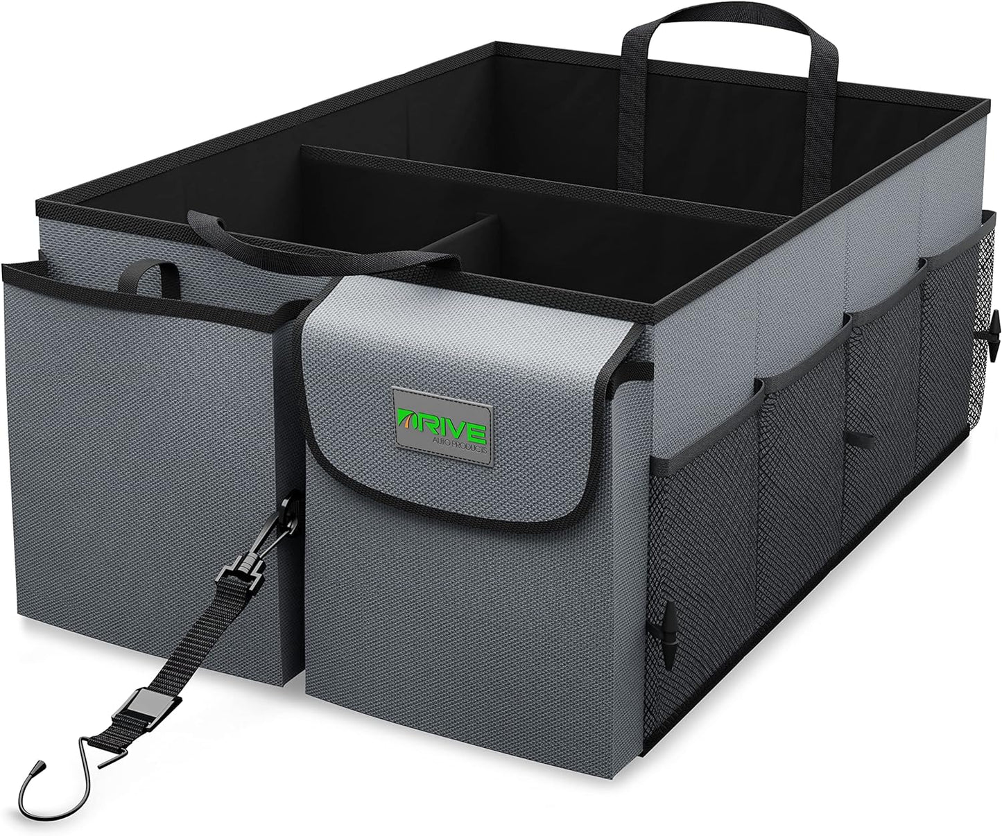 Drive Auto Car Trunk Organizer – Collapsible, Multi-Compartment Storage with Adjustable Straps, Black/Tan