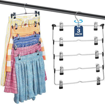 Zober 4-Tier Skirt Hangers with Clips - Non-Slip Metal, Adjustable Clips & Swivel Hooks, Space-Saving (3-Pack)