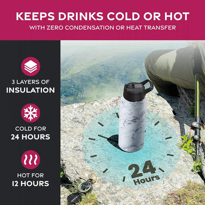 Dreiwandige, isolierte Wasserflaschen von FineDine mit Strohhalm – Edelstahl-Metallflasche mit 3 auslaufsicheren Deckeln – Für Reisen, Schule, Sport, Fitnessstudio/Männer, Frauen und Kinder 