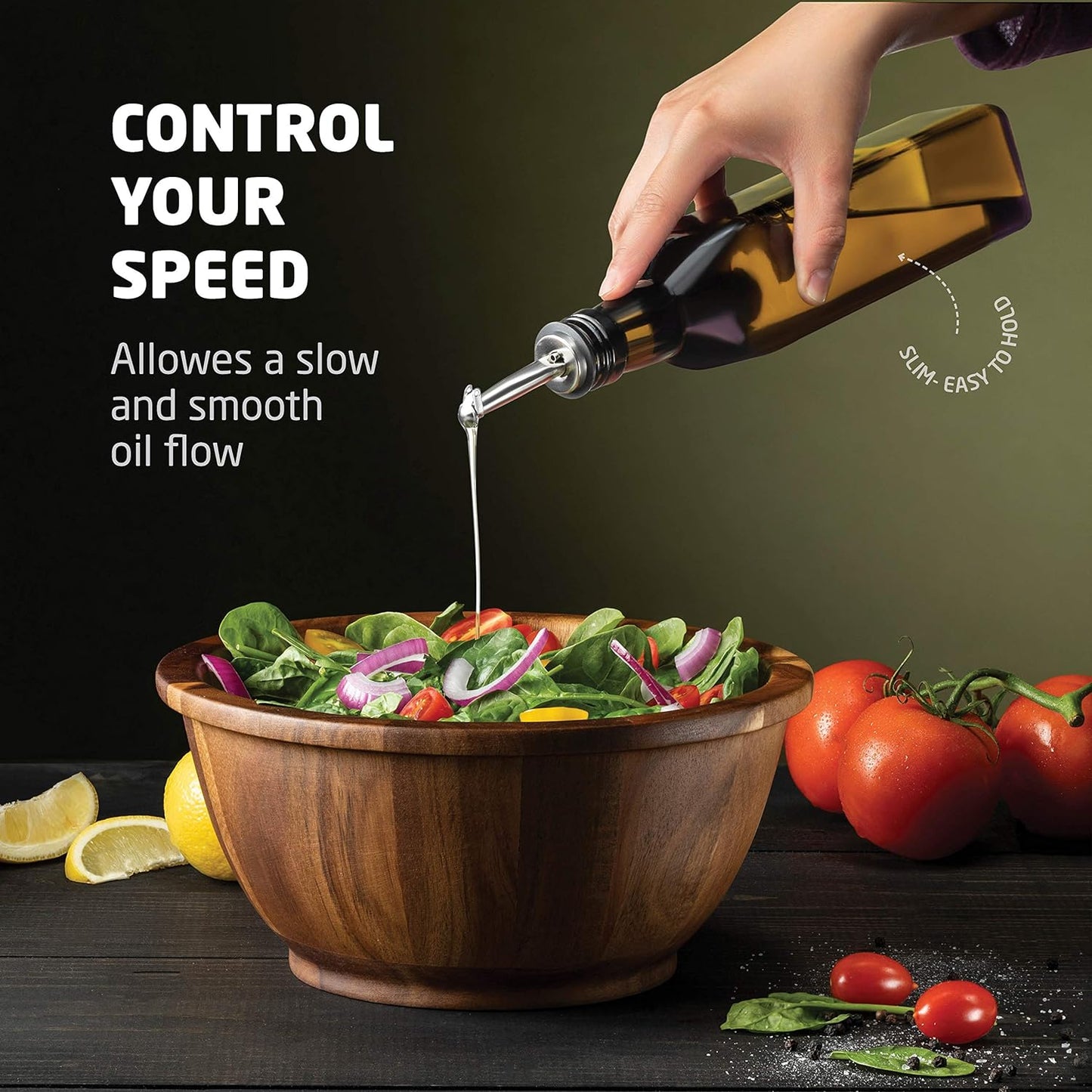 Olive Oil & Vinegar Dispenser Set - Slim Amber Glass Bottles, 4 Pouring Spouts & Labels