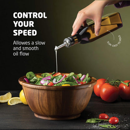 Olive Oil & Vinegar Dispenser Set - Slim Amber Glass Bottles, 4 Pouring Spouts & Labels