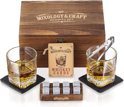 Mixology Whiskey Stones Gift Set for Men, 2 x 10oz Glasses, 8 Granite Chilling Rocks, 2 Coasters, Metal Tong & Cocktail Cards in Wooden Box