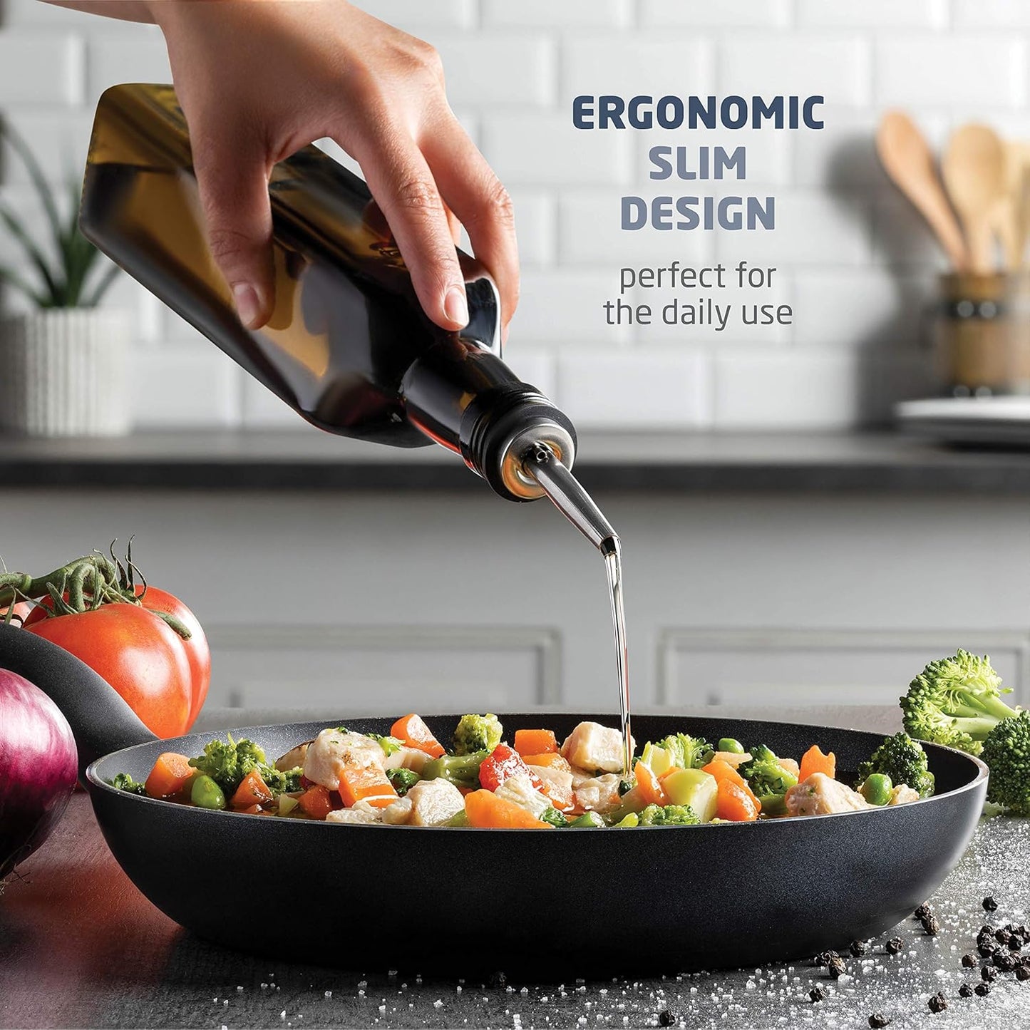 Olive Oil & Vinegar Dispenser Set - Slim Amber Glass Bottles, 4 Pouring Spouts & Labels