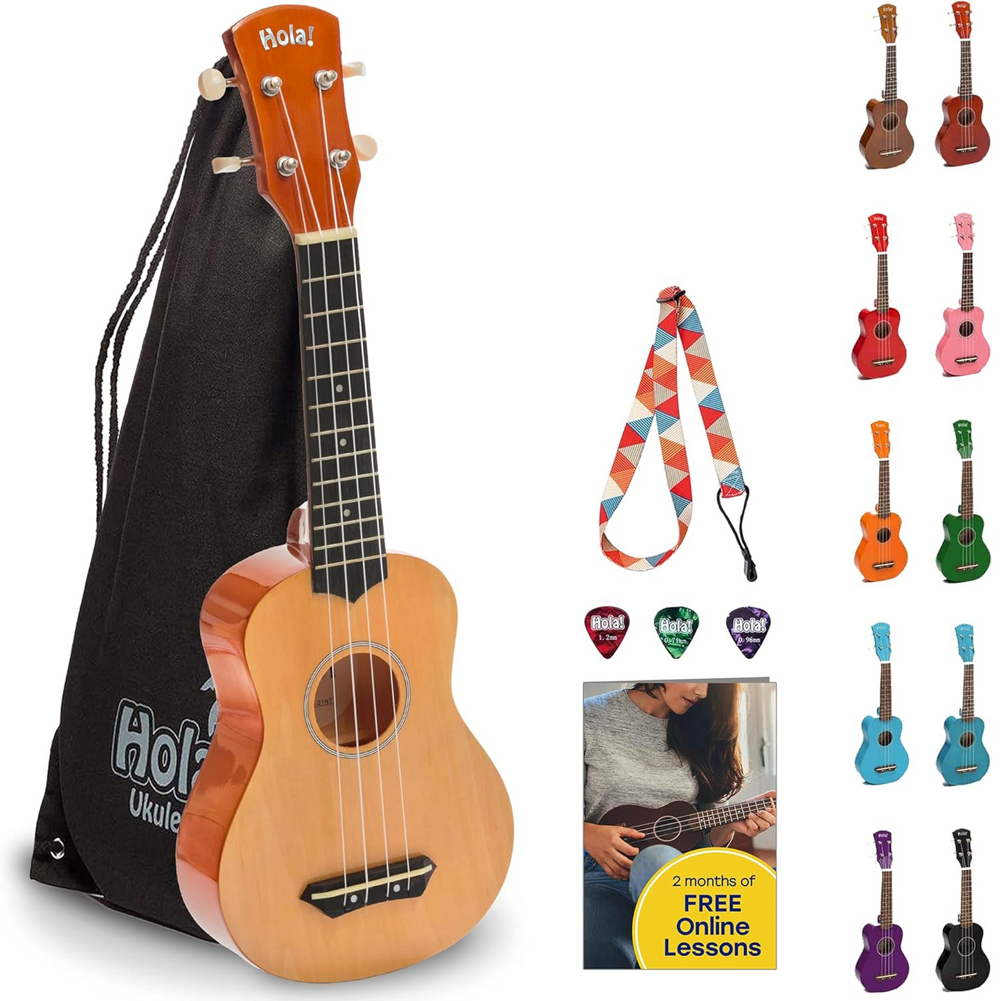 Hola! Music 21" Soprano Ukulele for Adults, Kids & Beginners – Maple with Bag & Accessories (Natural)