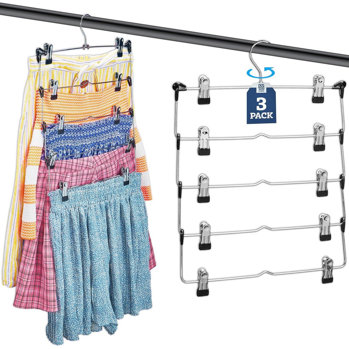 Zober 5-Tier Skirt Hangers with Clips - Non-Slip Metal, Adjustable Clips & Swivel Hooks, Space-Saving