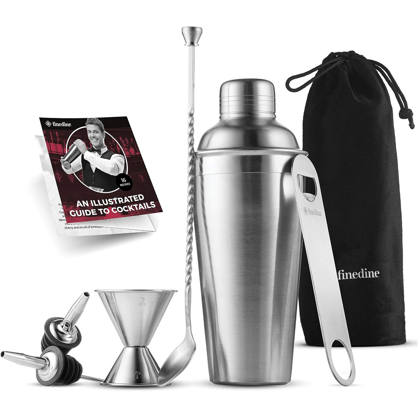 FineDine 7-Piece Cocktail Shaker Set – Stainless Steel Bartender Kit with Strainer, Jigger, Bar Spoon & Bottle Opener